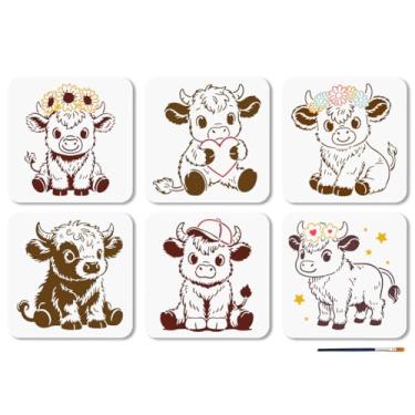Imagem de MAYJOYDIY 6 peças de estêncil de vaca highland flor bonito estêncil de vaca para pintura 19 × 19 cm modelo de desenho com tema animal com pincel para parede, móveis, papel, tela, scrapbook, decoração