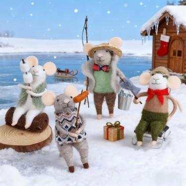 Imagem de Watereem Conjunto de 4 enfeites de rato de feltro de Natal, mini estatuetas de camundongos de pesca para pendurar guirlanda de árvore de Natal, decoração de mesa de Natal de lã, artesanato com animais