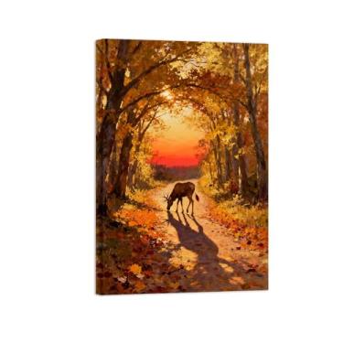 Imagem de Quadro arte parede outono-Veado estrada árvore Impressões em tela paisagens-Pintura animais para decoração sala estar 20x30cm Tela Embrulhada