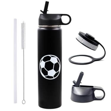 Imagem de Garrafa de água de futebol de 740 ml, garrafa esportiva de metal para viagem com 2 tampas, garrafas de água isoladas a vácuo de aço inoxidável 18/8 livre de BPA, à prova de vazamentos, presentes de
