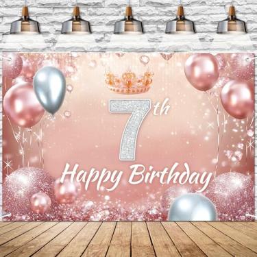 Imagem de Faixa rosa rosa feliz aniversário 7 anos cenário diamante glitter tema decoração de fundo para meninas princesa festa de aniversário decorações suprimentos 183 x 109 cm BECKTEN