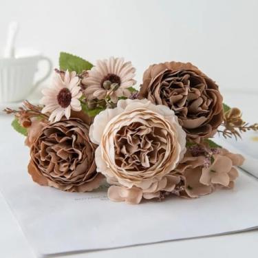 Imagem de Flor artificial de seda peônia jardim ao ar livre festival casamento buquê de noiva casa sala faça você mesmo arte parede caixa de presente decoração scrapbook (1 peça/cáqui escuro)