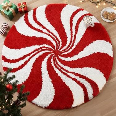 Imagem de DyeFury Tapetes de banheiro de doces de Natal, tapete de banho redondo vermelho para decoração de Natal, tapetes de inverno, capachos de banheira absorventes antiderrapantes, laváveis, 61 x 61 cm