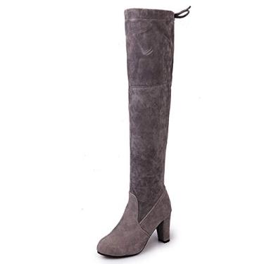 Imagem de Bigfanshu Botas femininas de camurça acima do joelho com cadarço e salto alto sexy feminino casual fino botas de cano alto, Cinza, 36 BR