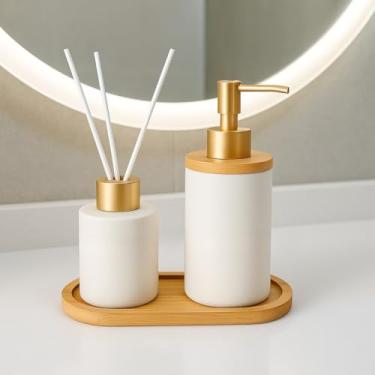 Imagem de Kit Banheiro Cerâmica 2 Peças - Porta Sabonete Líquido e Porta Escova para Decoração Lavabo(BRANCO DIFUSOR LISO)