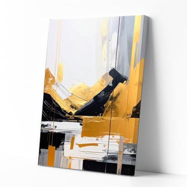 Imagem de Quadro Abstrato Horizonte Dourado com Montanha– Preto, Branco e Dourado em Tela Moderna (50x68cm, borda infinit)