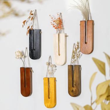 Imagem de Pacote com 6 vasos de parede para plantas de interior, vaso suspenso de madeira, estação de propagação, vaso de bolso de madeira, decoração de parede de madeira para sala de estar, quarto, banheiro