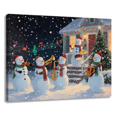 Imagem de EUROPICART Banda musical de boneco de neve arte de parede em tela de férias de inverno, cena festiva de Natal com bonecos de neve tocando instrumentos, 38 x 30 cm