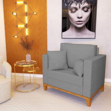 Imagem de Poltrona Beny Decorativa Com 2 Almofadas Linho Cinza Base Em Madeira Maciça