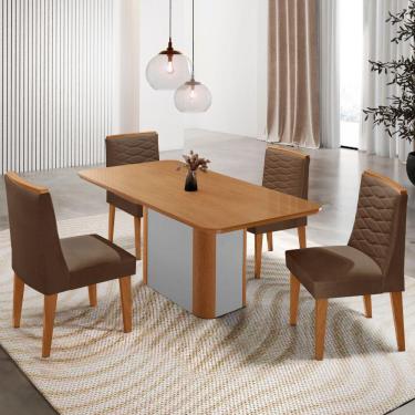 Imagem de Mesa De Jantar Isadora 120cm Tampo Mdf Laminado 4 Cadeiras Eloise Veludo Marrom Naturale Off White