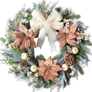 Imagem de Egolot Guirlanda de flores de poinsétia rosa de inverno de 61 cm para porta da frente, guirlanda de Natal de inverno com laço de renda, frutas brancas, maçãs para ambientes internos e externos
