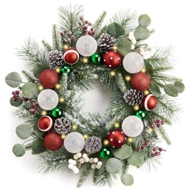 Imagem de Valery Madelyn Guirlanda de Natal pré-iluminada para porta da frente com luzes, guirlanda de Natal grande de 50 cm com bolas de Natal vermelhas, verdes e brancas para decoração de mesa ao ar livre e