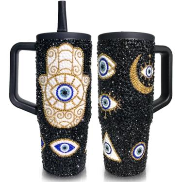 Imagem de SlowVibes Copo de canudo feito à mão com strass e strass com tampa à prova de vazamento | Canudo e alça embutidos | Porta-copo compatível com viagens | Copo de aço inoxidável isolado | Livre de BPA |