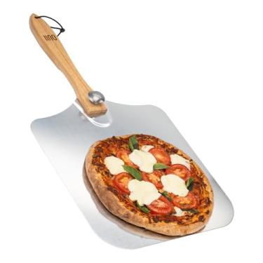 Imagem de OUII Pá de espátula de metal de alumínio de 40,6 x 35,5 cm para pizzas extra grandes. Cabo de madeira dobrável para armazenamento fácil, acessórios de forno de pizza. Ferramenta premium para assar pão
