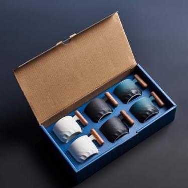 Imagem de BlogBlog Copos de café expresso de cerâmica com cabo de madeira, xícaras de café expresso, xícaras de chá de cerâmica, xícaras de porcelana para café ou chá, 60 ml (preto-azul-branco, 6)