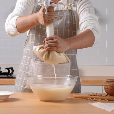 Imagem de Pacote com 2 sacos reutilizáveis para leite de nozes, coador de alimentos de malha fina com cordão para suco verde, bebida fria e iogurte