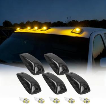 Imagem de KOMAS Conjunto de 5 peças de luz de rodagem de teto marcador de cabine, lente fumê âmbar T10 5050 lâmpadas LED para GMC Chevy C1500 C2500 C3500 K1500 K1500 K2500 K3500 Pickup (capa de fumaça e LED
