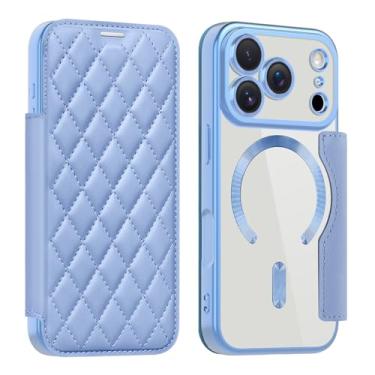 Imagem de Capa carteira magnética para Apple iPhone 17 Pro Max, capa traseira transparente de couro PU com bloqueio de RFID, compatível com Magsafe sem fio, capa antiarranhões para iPhone 17 Pro Max, azul
