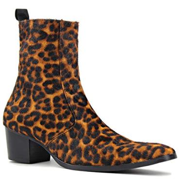 Imagem de OSSTONE Bota masculina Chelsea cano curto couro pônei cabelo leopardo bota com zíper lateral botas de salto JY012, Preto, 39 BR