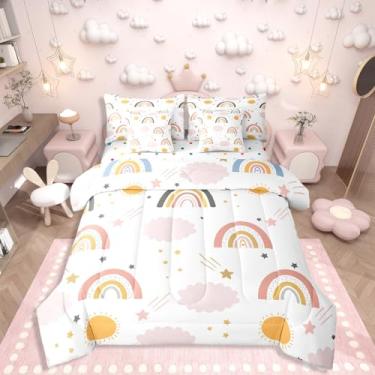 Imagem de Erosebridal Jogo de cama de solteiro, arco-íris, 7 peças, listras, kawaii, desenho animado com estrelas e nuvens, para decoração de quarto de meninas e adolescentes, lindo conjunto de cama com linhas