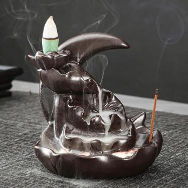 Imagem de Queimador de incenso de refluxo de cerâmica, decoração criativa para casa, queimador de incenso de refluxo em forma de peixe artesanal, aproveite o aroma de sândalo (C-1 Moon Brown)