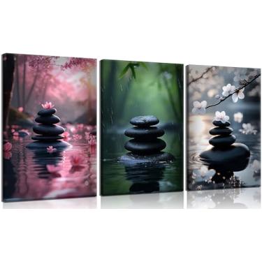 Imagem de 3 peças arte de parede de pedra zen moderna decoração de parede de banheiro zen meditação spa pedra pôster verde bambu lótus arte impressa para ioga meditação quarto espiritual banheiro emoldurado