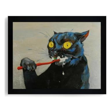 Imagem de ICHZUMW Decoração de parede de banheiro de gato preto engraçado, pintura em tela emoldurada peculiar de dentes escovados de gatos, decoração de parede com imagens de animais humorísticos, arte moderna