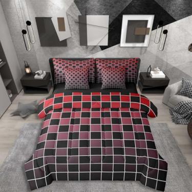 Imagem de Erosebridal Jogo de cama queen xadrez geométrico, preto, vermelho, ombré, em uma bolsa com lençóis, xadrez estético, para crianças e adultos, conjunto de cama quadriculado de guingão gradiente
