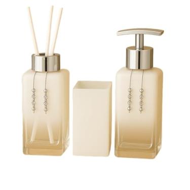 Imagem de Banheiro kit lavatório sabão líquido aroma e escova suporte quadrado vidro(Branco Degrade C/Prata)