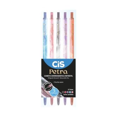 Imagem de Caneta Esferográfica Retrátil CIS Petra Slim 0.7mm, Corpo Decorado, Escrita Suave – Blister com 5 unidades (Azul, Preta, Vermelha, Rosa e Violeta)