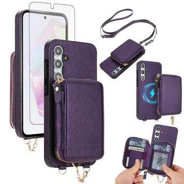 Imagem de Capa de celular para Samsung Galaxy A15 5G/4G carteira com zíper e protetor de tela, alça transversal 2 em 1 magnético destacável MagSafe bloqueio RFID Flip A 15 G5 15A feminino masculino roxo escuro
