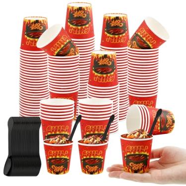 Imagem de Galaton 100 peças de decorações de festa Red Chili Cook Off incluem mini copos de papel descartáveis de 113 g, copos de amostra de alimentos e colher de plástico para decoração de chili cook off