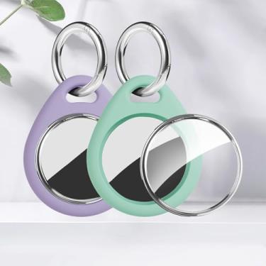 Imagem de Pacote com 2 capas para AirTag, com 2 chaveiros, capa protetora de TPU à prova d'água com chaveiro de metal de aço inoxidável 304, para acessórios AirTag, roxo/verde