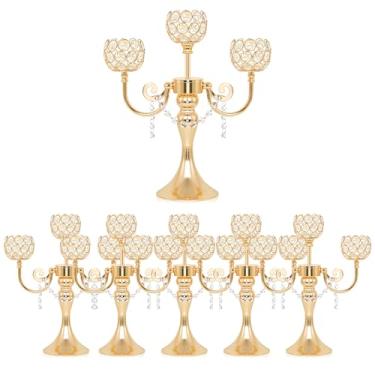 Imagem de Candelabro de metal dourado de 3 braços com tigelas de cristal, suporte de chá de mesa central para aniversário, mesa de jantar, decoração de festa, Natal e decoração de casa (6, ouro)