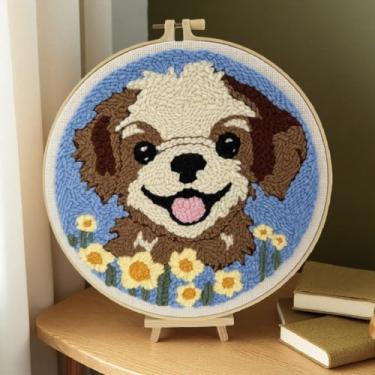 Imagem de TINKAZ Kit de agulhas de punção de cachorro sorridente para iniciantes, conjunto de bordado DIY com fio, tecido e argola, kit de artesanato de bordado bonito feito à mão para decoração de casa e