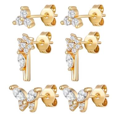 Imagem de Gemsme Conjunto de 3 pares de brincos pequenos de ouro para mulheres/homens, banhados a ouro 18 K, hipoalergênicos, delicados, zircônia cúbica para presente de joias, Latão, Zircônia cúbica