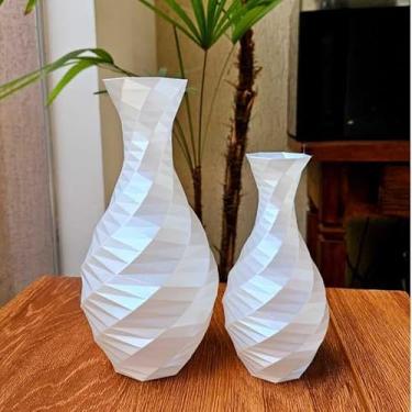 Imagem de Kit 2 Vasos Decorativos Geométricos Modernos para Sala – Peças de Decoração 3D Elegantes (Branco Pérola)