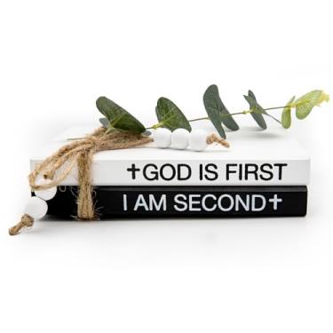 Imagem de LARAINEIK 2 peças de livros brancos decorativos de madeira, livros falsos de fazenda rústica para prateleiras de mesa de centro com borlas e folhas de contas de madeira, 19 x 12 x 6 cm (God is First