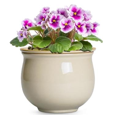 Imagem de Teagas Vasos autoirrigáveis de 15 cm para plantas de interior, vasos de cerâmica violeta africana com vaso interno absorvente, vaso de flores de cerâmica redondo, presentes de jardinagem, bege