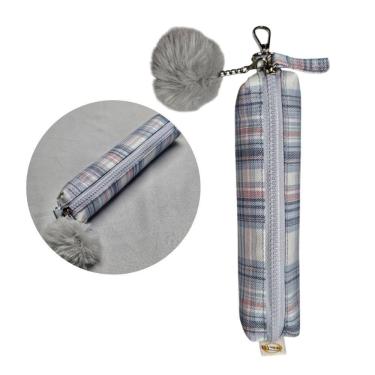 Imagem de Estojo Escolar Xadrez Azul Claro com Pompom Multiuso Organizador Aulas Colorido Lápis Material Cor