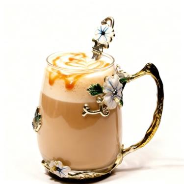 Imagem de Guon-Wuvl Caneca de chá 3D de vidro de cristal de artesanato com colher de chá feminina café, chá, suco, cerveja, leite bebidas quentes e frias use pacote de presente. (Blue-Tal)