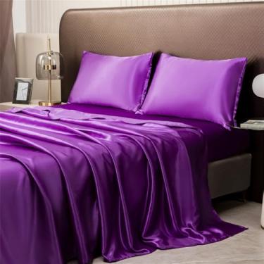 Imagem de XLCZMYL Conjunto de lençol e fronha de cetim de cor sólida, conjunto de cama luxuoso com brilho sedoso, tamanho solteiro/casal/queen/king, roxo, Queen 3 peças