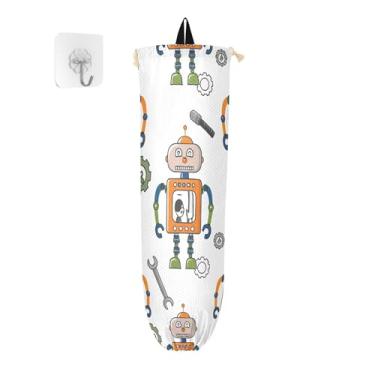 Imagem de xigua Suporte de parede bonito de robôs vintage, suporte de parede com cordão, pacote com 2, organizador de sacolas de compras reutilizáveis, decoração para bolsas, meias, roupas íntimas e gravatas