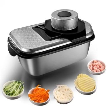 Imagem de NOVANO Cortador de vegetais 9 em 1, fatiador de mandolina de aço inoxidável, cortador de vegetais, cortador de alimentos com recipiente, cortador de cebola, cortador de vegetais para salada, batata e