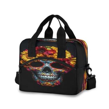 Imagem de Burbuja Lancheira térmica com flores coloridas de caveira mexicana para mulheres e homens, lancheira portátil com alça de ombro removível, lancheira para viagem, piquenique, escritório, trabalho