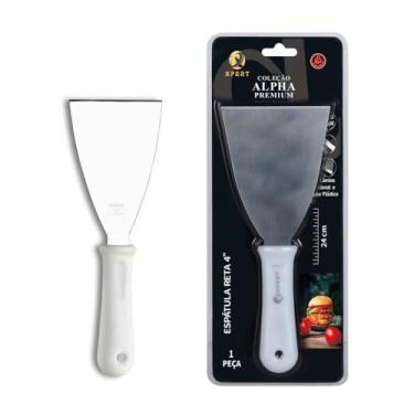 Imagem de Espátula Reta de Cozinha 4'', Aço Inox com Cabo Branco, 24x10cm, 185g, Profissional para Hambúrgueres e Grelhados