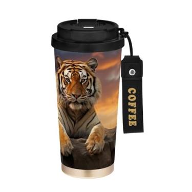 Imagem de YETTASBIN Caneca de café Tiger com isolamento térmico de 482 g com tampa canudo, copo à prova de derramamento e vazamento com alça para bebida quente e fria, garrafa de água de aço inoxidável