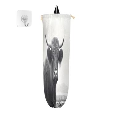 Imagem de xigua Highland Cow Suporte de parede para saco de plástico com cordão, pacote com 2, organizador de sacola de mercearia reutilizável para bolsas, meias, roupas íntimas e gravatas