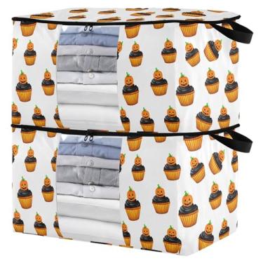 Imagem de Burbuja Bolsa de armazenamento de roupas para cupcakes de Halloween com tampas e alça, embalagem com 2 recipientes de armazenamento dobráveis com zíper resistente e janela transparente para armário de