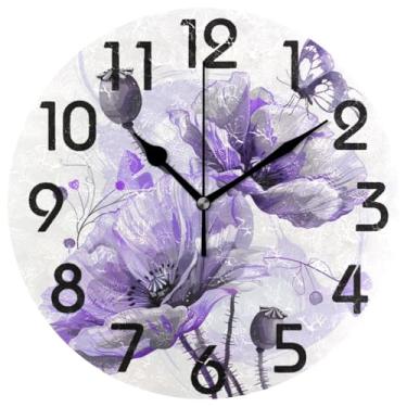 Imagem de ZzWwR Lindo relógio de parede redondo retrô com borboleta de papoula roxa, 25 cm, analógico, silencioso, sem tique-taque, para cozinha, sala de estar, quarto, banheiro/escritório